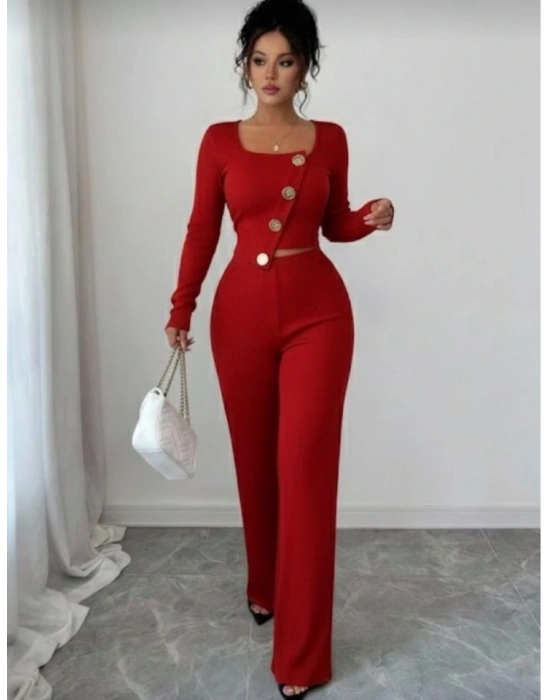 Kadın Uzun Kol Kare Yaka Asimetrik Düğme Detay Bluz Ve Yüksek Bel Pantolon Ikili Takım