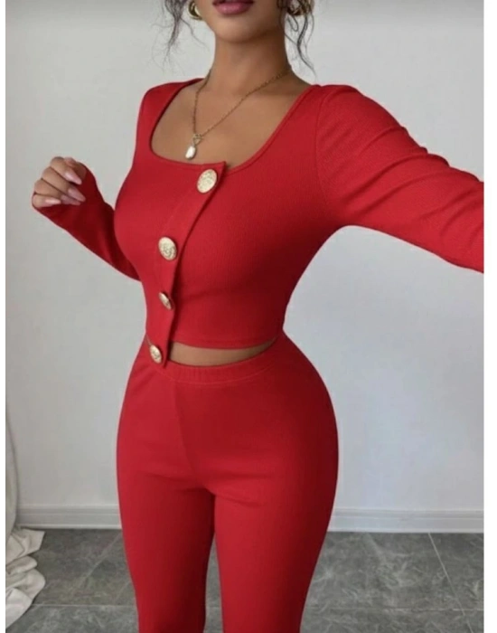 Kadın Uzun Kol Kare Yaka Asimetrik Düğme Detay Bluz Ve Yüksek Bel Pantolon Ikili Takım