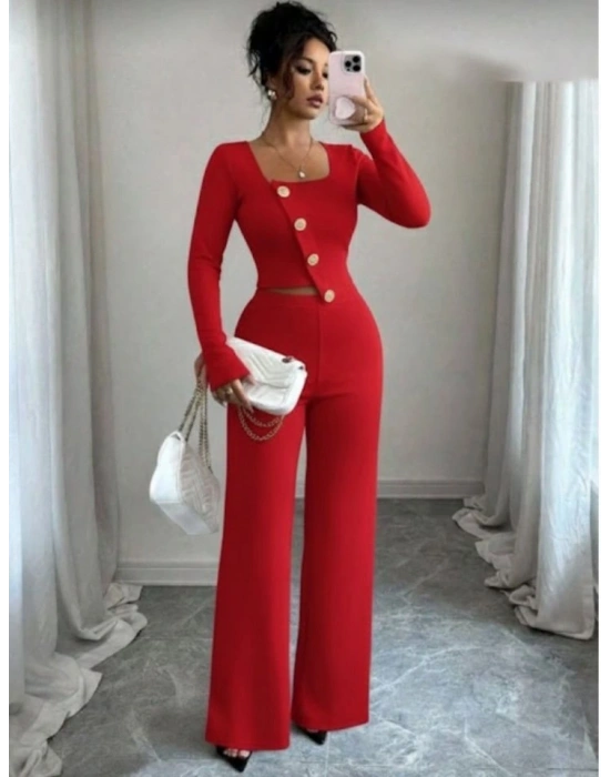 Kadın Uzun Kol Kare Yaka Asimetrik Düğme Detay Bluz Ve Yüksek Bel Pantolon Ikili Takım