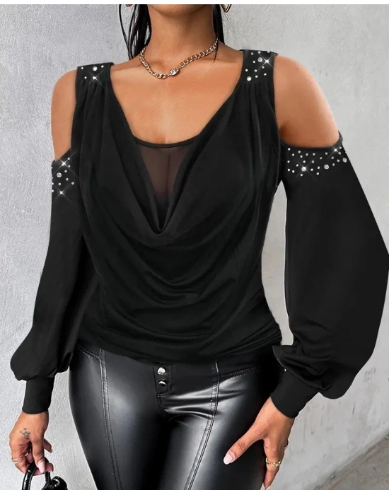 Kadın Uzun Kol Omuzlardan Açık Yuvarlak Degaje Yakalı Taşlı Sandy Bluz