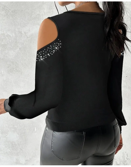 Kadın Uzun Kol Omuzlardan Açık Yuvarlak Degaje Yakalı Taşlı Sandy Bluz