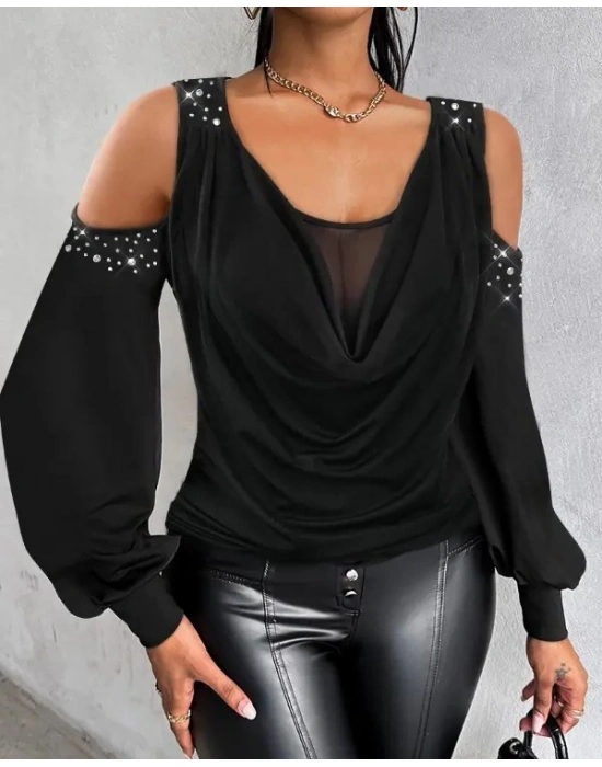 Kadın Uzun Kol Omuzlardan Açık Yuvarlak Degaje Yakalı Taşlı Sandy Bluz