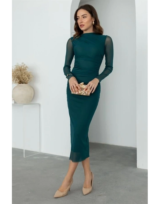 Kadın Uzun Kol Tül Drapeli Midi Boy Elbise