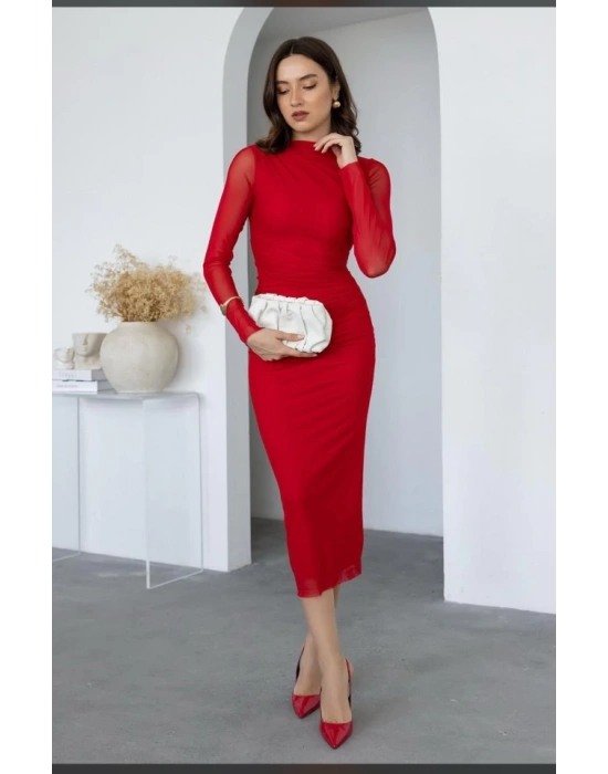 Kadın Uzun Kol Tül Drapeli Midi Boy Elbise