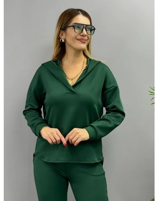 Kadın Uzun Kol V Yaka Kapüşon Detay Sweat Ve Yüksel Bel Eşofman Ikili Takım