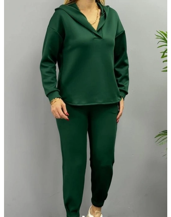 Kadın Uzun Kol V Yaka Kapüşon Detay Sweat Ve Yüksel Bel Eşofman Ikili Takım