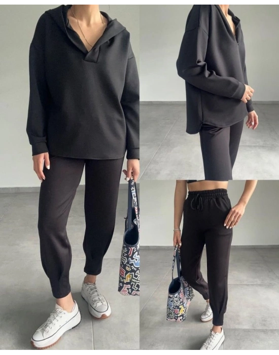 Kadın Uzun Kol V Yaka Kapüşon Detay Sweat Ve Yüksel Bel Eşofman Ikili Takım
