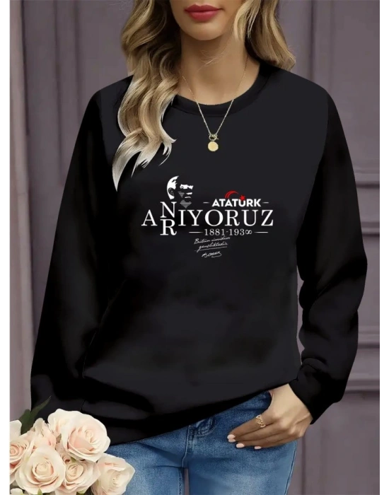 Kadın Uzun Kollu 10 Kasım Atatürkü Anma Gününe Özel Viskon İki İplik Kumaş Sweat