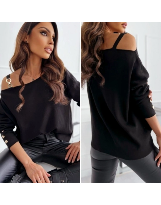 Kadın Uzun Kollu Açık Yaka Toka Detay Akrilik Bluz