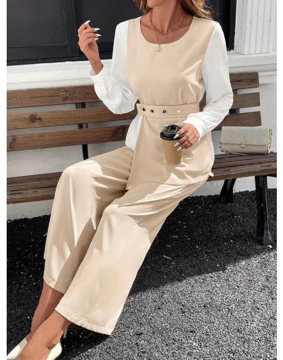 Kadın Uzun Kollu Açık Yakalı çift Renkli Kemerli Ithal Krep Ikili Takım