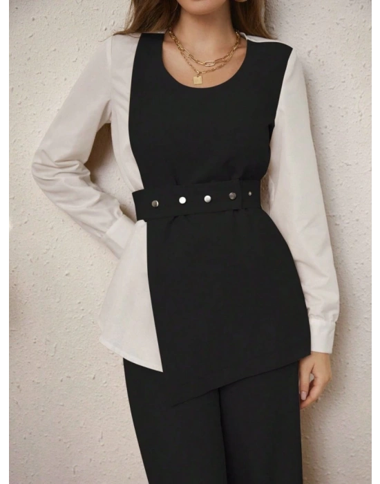 Kadın Uzun Kollu Açık Yakalı çift Renkli Kemerli Ithal Krep Ikili Takım