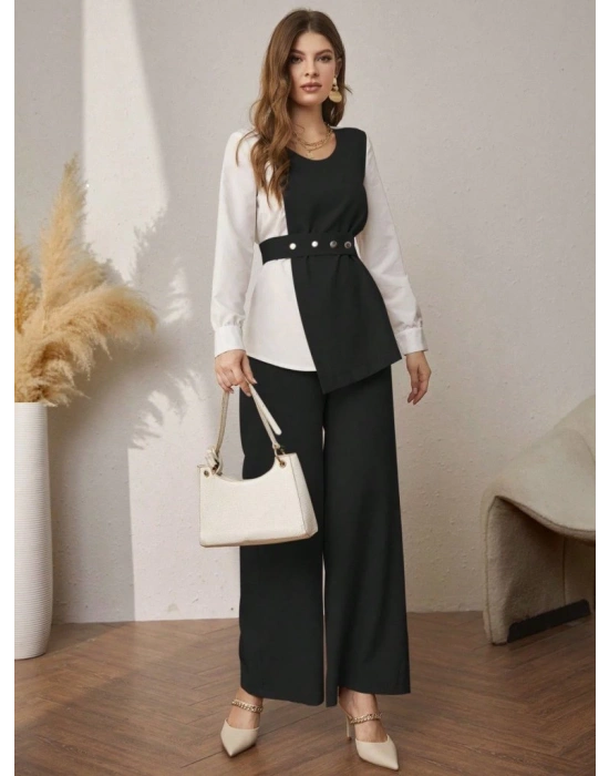 Kadın Uzun Kollu Açık Yakalı çift Renkli Kemerli Ithal Krep Ikili Takım