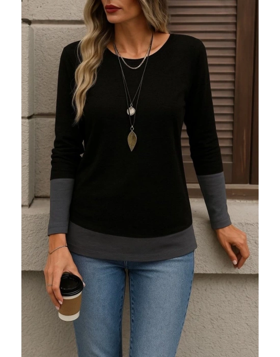 Kadın Uzun Kollu Açık Yuvarlak Yaka Blok Renkli Viskon Bluz