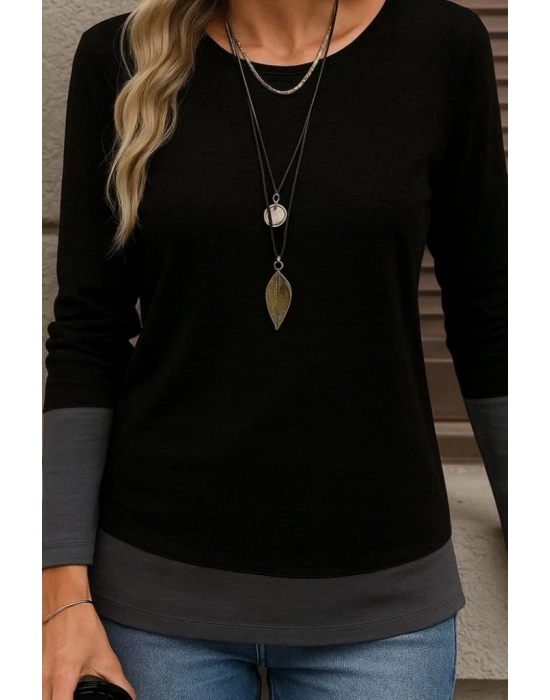 Kadın Uzun Kollu Açık Yuvarlak Yaka Blok Renkli Viskon Bluz