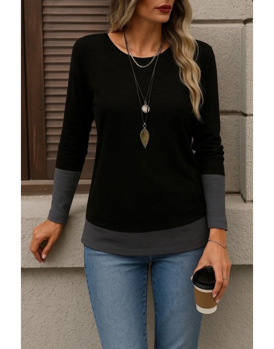 Kadın Uzun Kollu Açık Yuvarlak Yaka Blok Renkli Viskon Bluz
