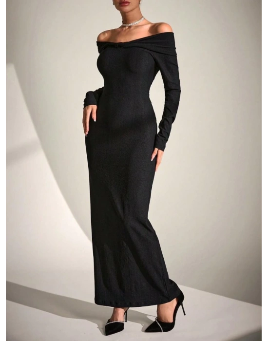 Kadın Uzun Kollu adonna Yaka Bürümcük Kumaş axi Boy Elbise