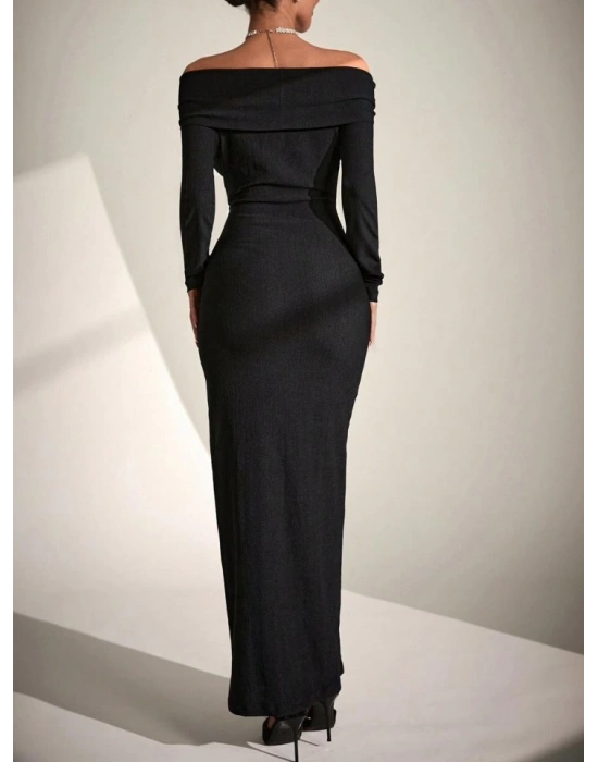 Kadın Uzun Kollu adonna Yaka Bürümcük Kumaş axi Boy Elbise