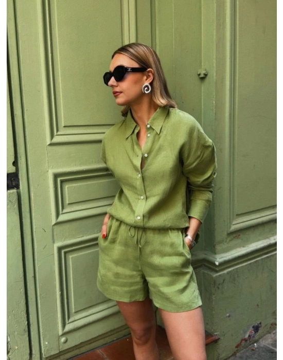 Kadın Uzun Kollu alaş Gömlek Ve şort Keten Ikili Takım