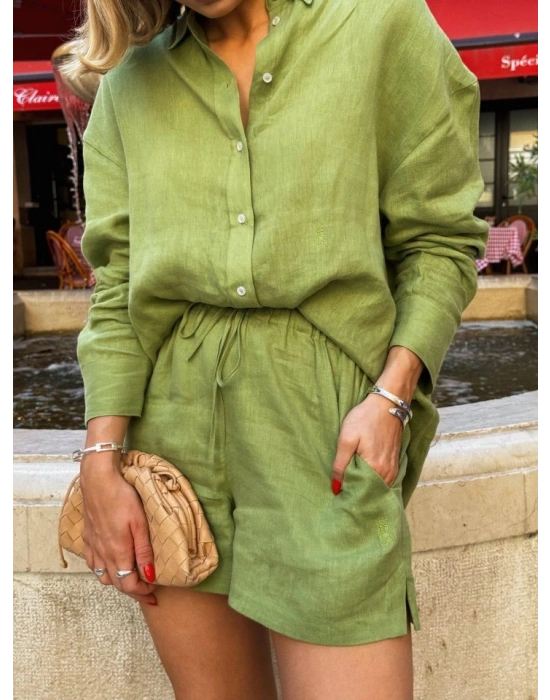 Kadın Uzun Kollu alaş Gömlek Ve şort Keten Ikili Takım