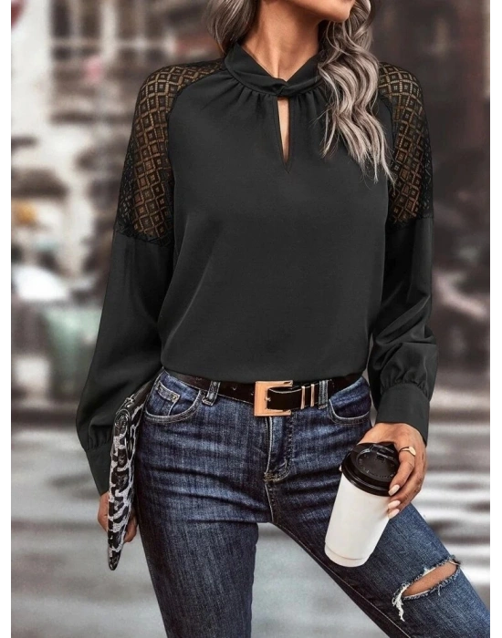 Kadın Uzun Kollu Anahtar Deliği Yaka Reglan Kol Dantel Detaylı Ithal Krep Bluz