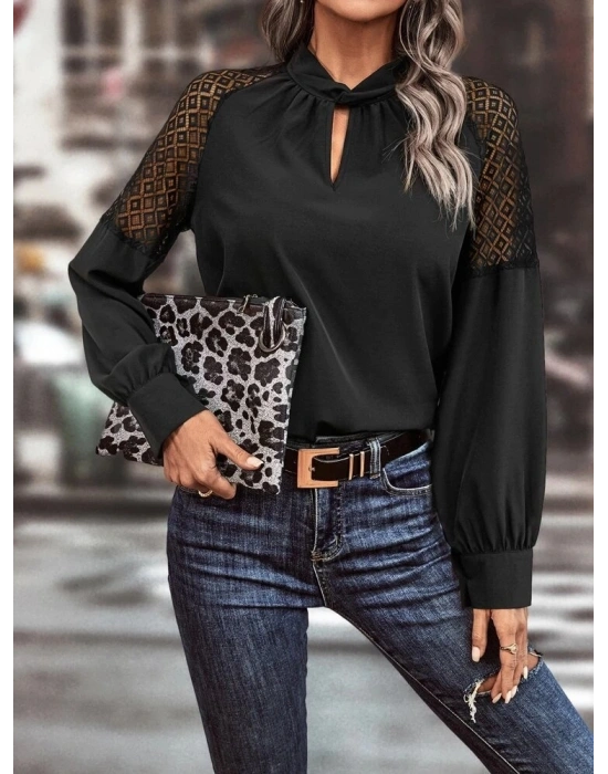 Kadın Uzun Kollu Anahtar Deliği Yaka Reglan Kol Dantel Detaylı Ithal Krep Bluz