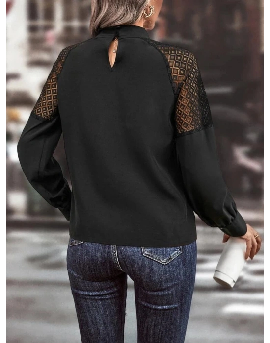 Kadın Uzun Kollu Anahtar Deliği Yaka Reglan Kol Dantel Detaylı Ithal Krep Bluz