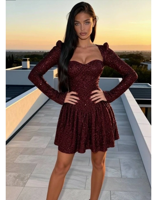 Kadın Uzun Kollu Armut Yaka Pul Payet Işlemeli ini Gece Elbisesi