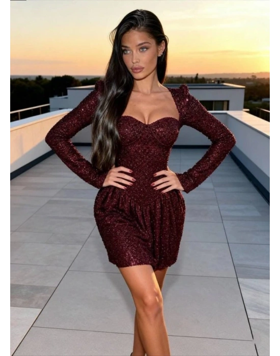 Kadın Uzun Kollu Armut Yaka Pul Payet Işlemeli ini Gece Elbisesi