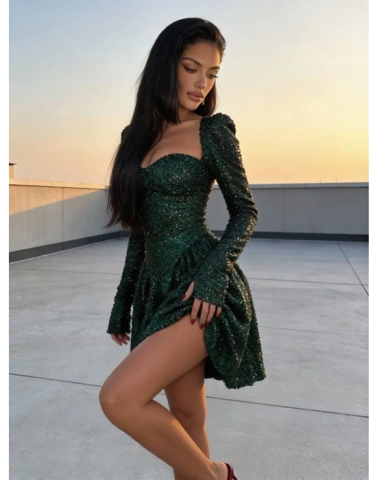 Kadın Uzun Kollu Armut Yaka Pul Payet Işlemeli ini Gece Elbisesi