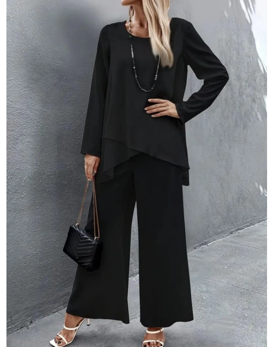 Kadın Uzun Kollu Asimetrik Detaylı Salaş Sandy Bluz Ve Pantolon Ikili Takım