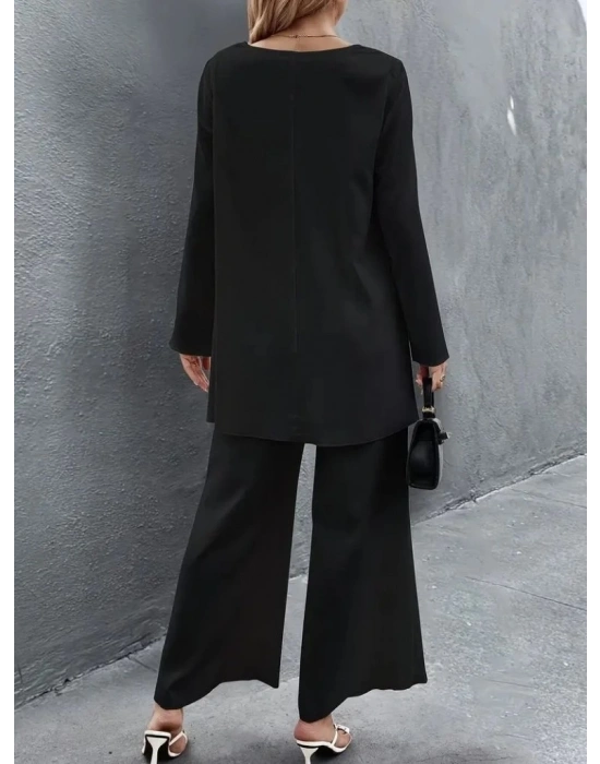 Kadın Uzun Kollu Asimetrik Detaylı Salaş Sandy Bluz Ve Pantolon Ikili Takım