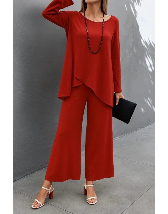 Kadın Uzun Kollu Asimetrik Detaylı Salaş Sandy Bluz Ve Pantolon Ikili Takım