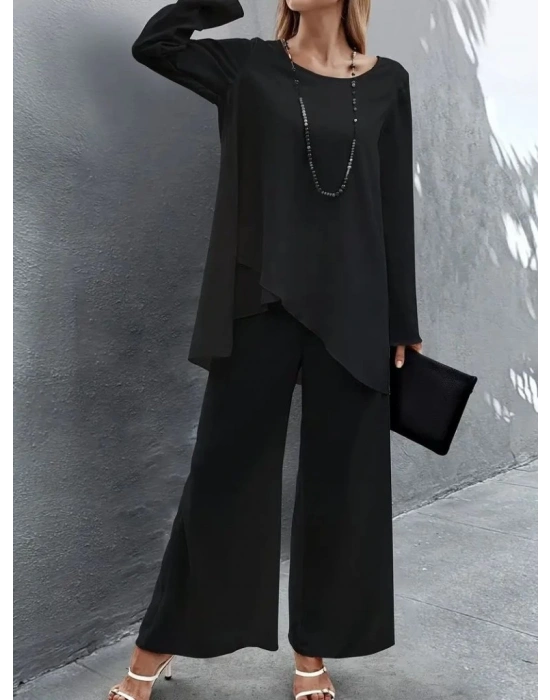 Kadın Uzun Kollu Asimetrik Detaylı Salaş Sandy Bluz Ve Pantolon Ikili Takım