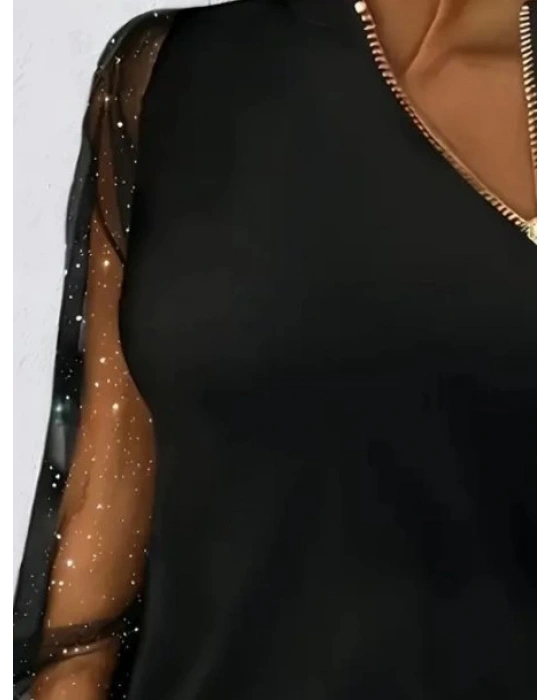 Kadın Uzun Kollu Asimetrik Fermuar Detaylı Viskon Iki Iplik Bluz