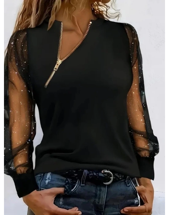 Kadın Uzun Kollu Asimetrik Fermuar Detaylı Viskon Iki Iplik Bluz