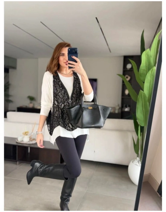 Kadın Uzun Kollu Asimetrik Kesim Bluz Ve Dantel Güpür Transparan Detay Fermuarlı Yelek Ikili Takım