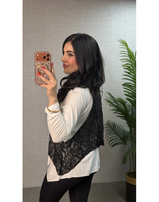 Kadın Uzun Kollu Asimetrik Kesim Bluz Ve Dantel Güpür Transparan Detay Fermuarlı Yelek Ikili Takım