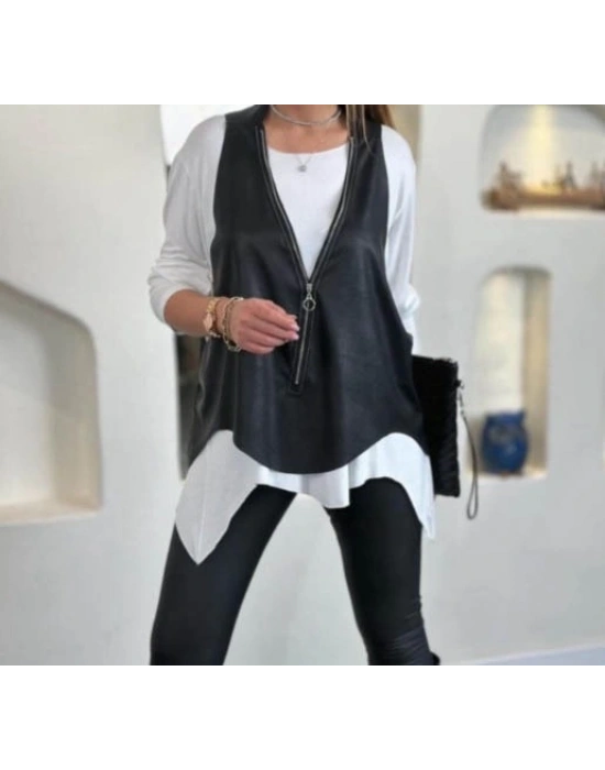 Kadın Uzun Kollu Asimetrik Kesim Viskon Bluz Ve çatlak Deri Görünümlü Yelek Ikili Takım