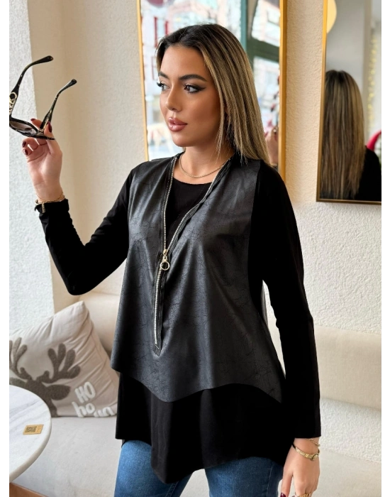 Kadın Uzun Kollu Asimetrik Kesim Viskon Bluz Ve çatlak Deri Görünümlü Yelek Ikili Takım