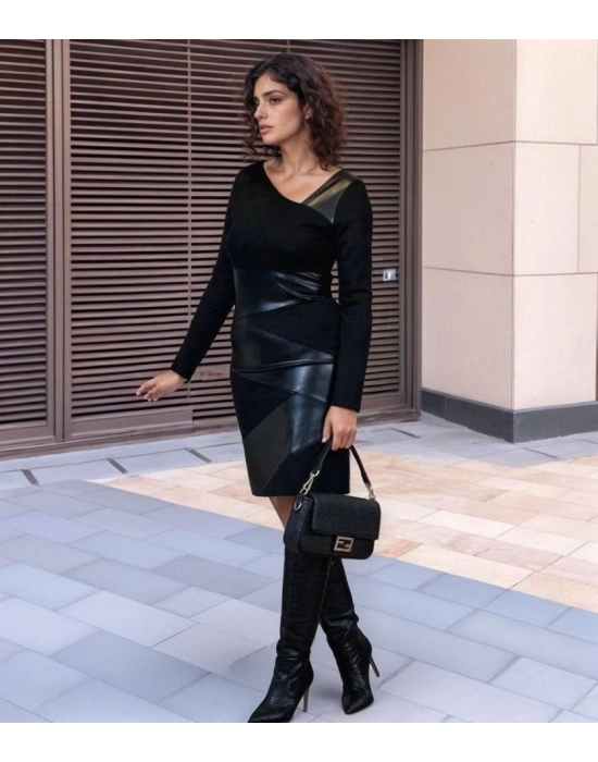 Kadın Uzun Kollu Asimetrik Yaka Süet Ve Deri Mini Boy Elbise