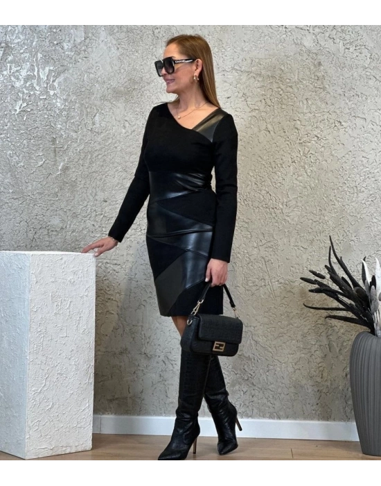 Kadın Uzun Kollu Asimetrik Yaka Süet Ve Deri Mini Boy Elbise