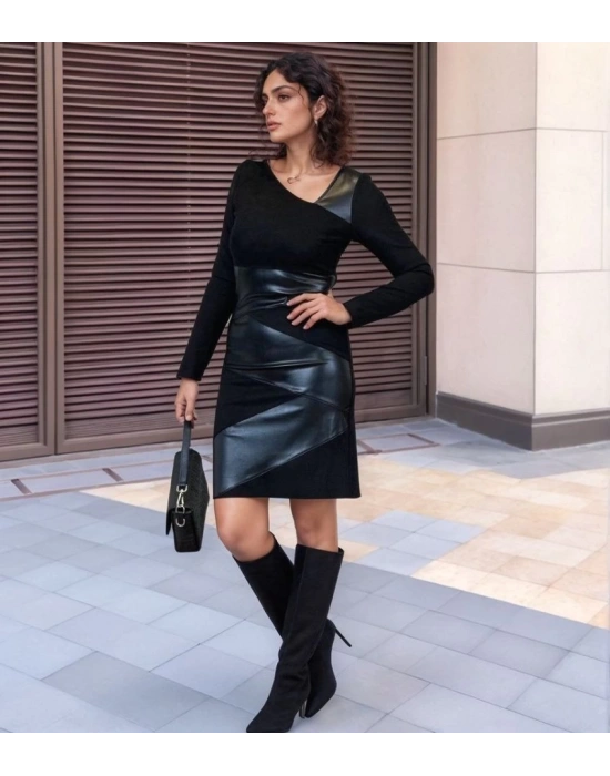 Kadın Uzun Kollu Asimetrik Yaka Süet Ve Deri Mini Boy Elbise