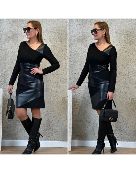 Kadın Uzun Kollu Asimetrik Yaka Süet Ve Deri Mini Boy Elbise