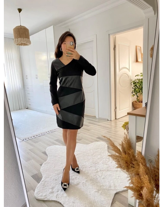 Kadın Uzun Kollu Asimetrik Yaka Süet Ve Deri Mini Boy Elbise