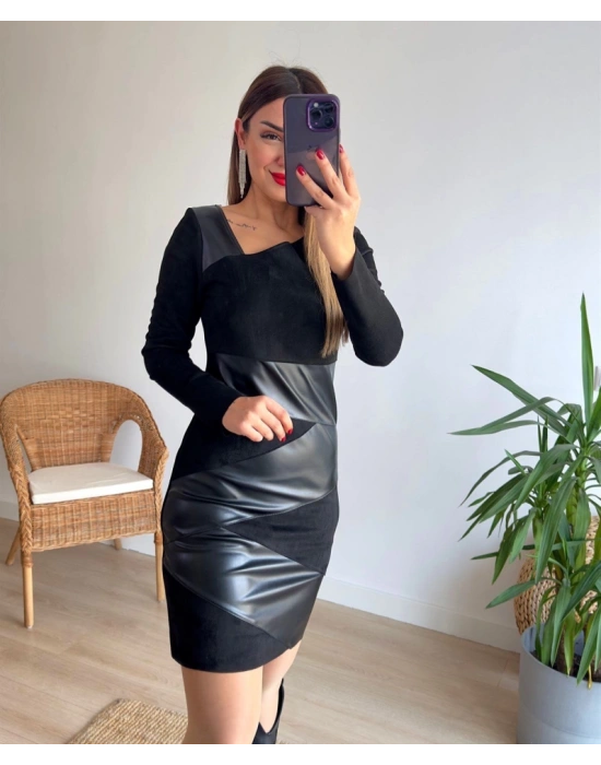 Kadın Uzun Kollu Asimetrik Yaka Süet Ve Deri Mini Boy Elbise