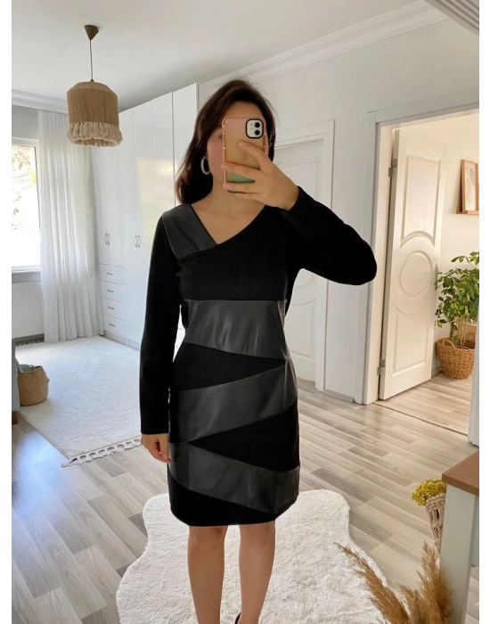 Kadın Uzun Kollu Asimetrik Yaka Süet Ve Deri Mini Boy Elbise
