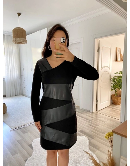 Kadın Uzun Kollu Asimetrik Yaka Süet Ve Deri Mini Boy Elbise
