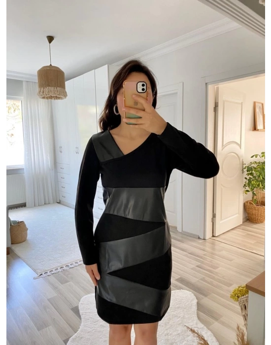 Kadın Uzun Kollu Asimetrik Yaka Süet Ve Deri Mini Boy Elbise