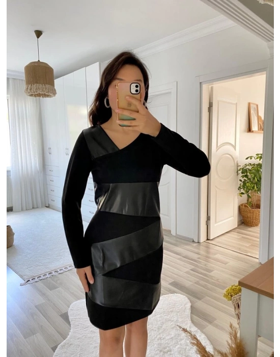 Kadın Uzun Kollu Asimetrik Yaka Süet Ve Deri Mini Boy Elbise