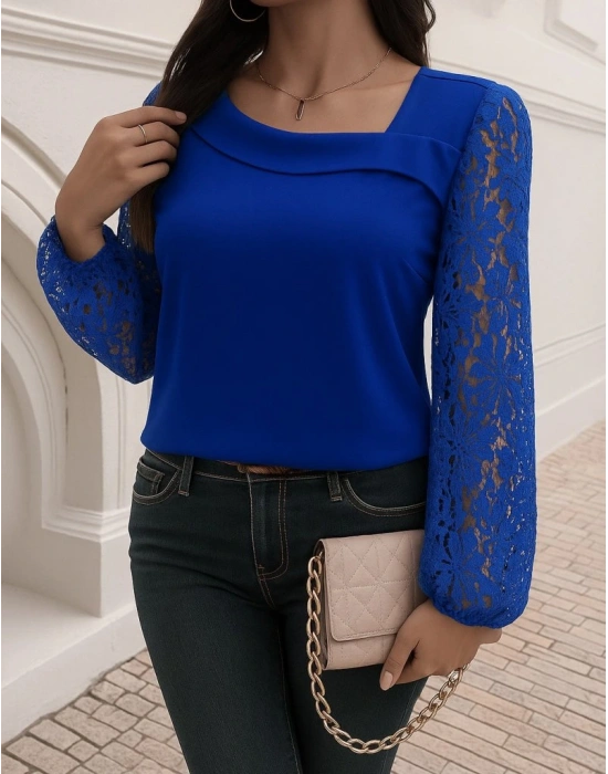 Kadın Uzun Kollu Asimetrik Yakalı Dantelli Ithal Krep Bluz